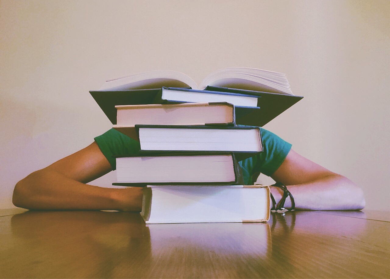 Person with pile of books wokandapix (CC0 Public Domain via Pixabay)