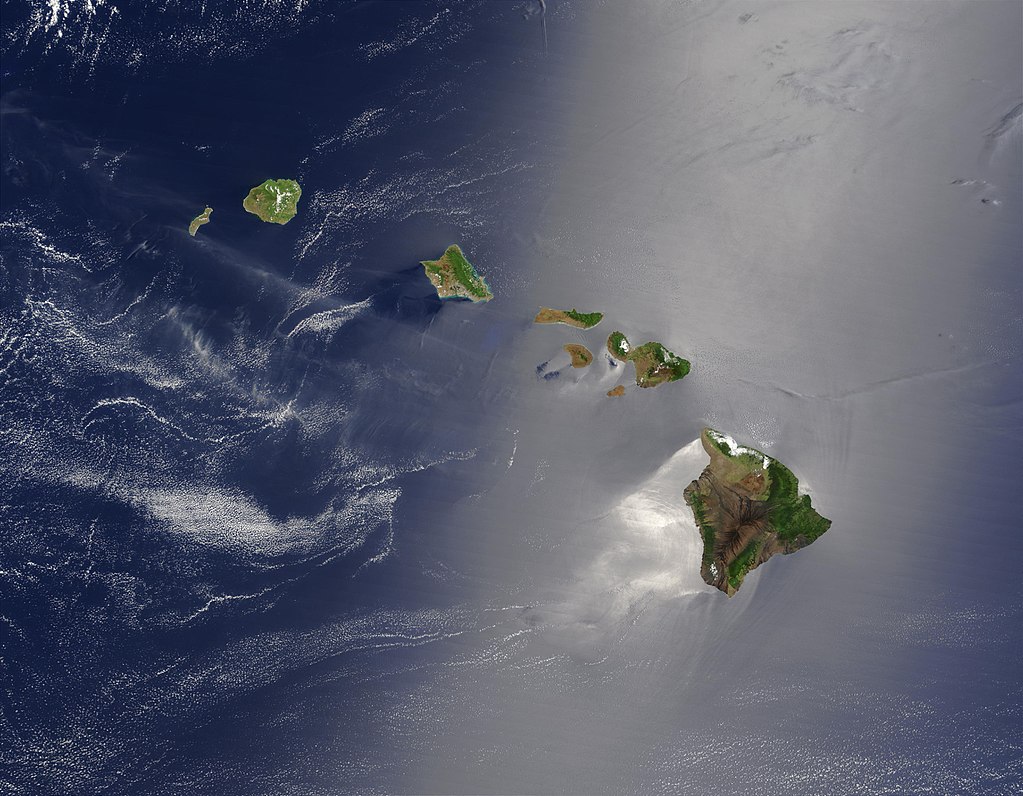 Photograph of the Hawaiian archipelago, courtesy of NASA. Photograph of the Hawaiian archipelago, taken from space. Public domain image via NASA